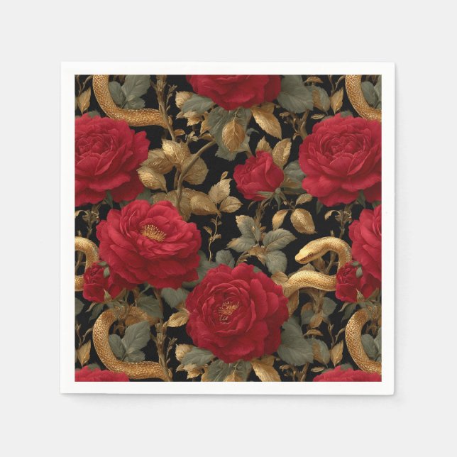 Red Roses and Golden Snakes Pattern Napkins (Front)