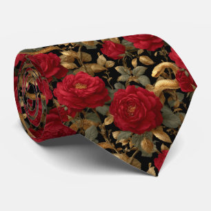 Red Roses and Golden Snakes Pattern Neck Tie
