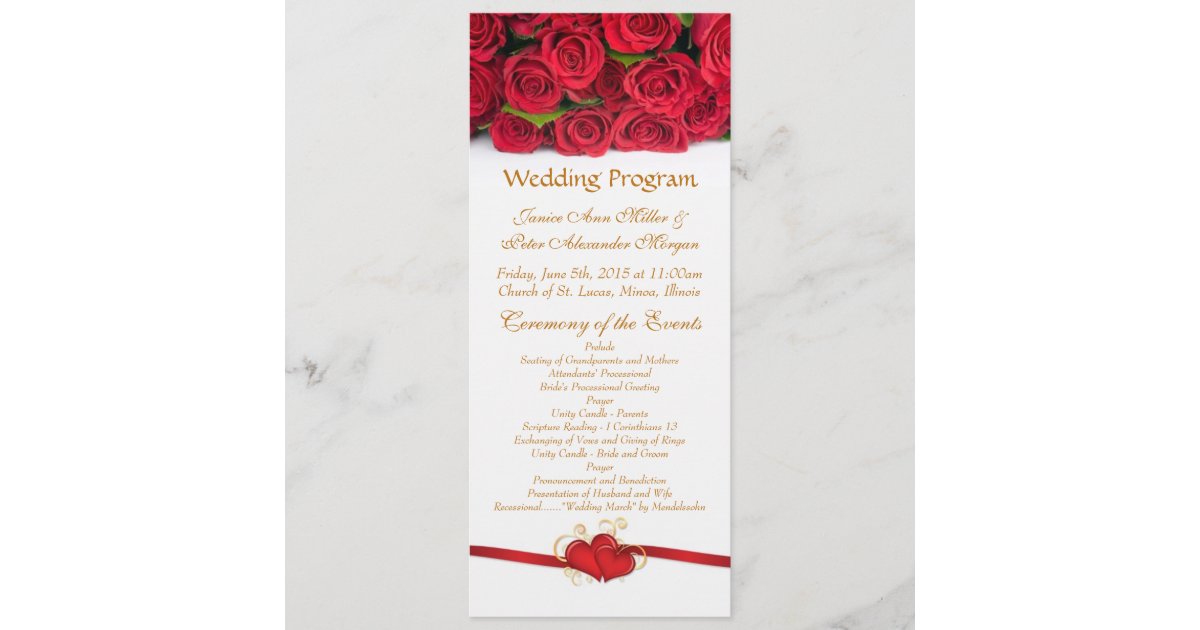 Red roses and heart Wedding Program | Zazzle