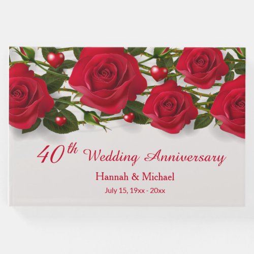 Red roses and hearts 40th Wedding Anniversary Guest Book