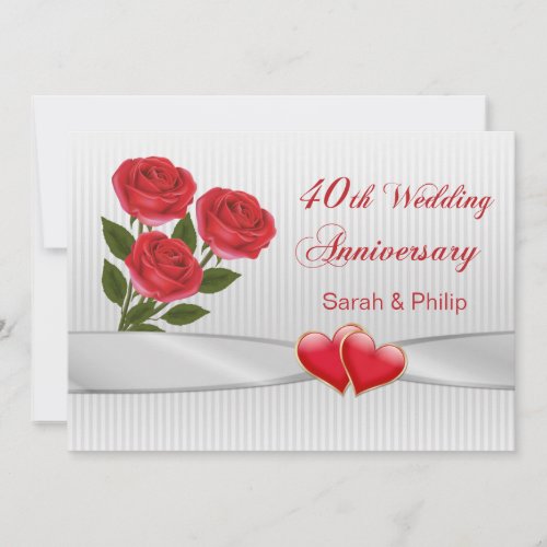 Red roses and hearts 40th Wedding Anniversary Invitation