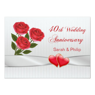 Red roses and hearts 40th Wedding Anniversary Invitation