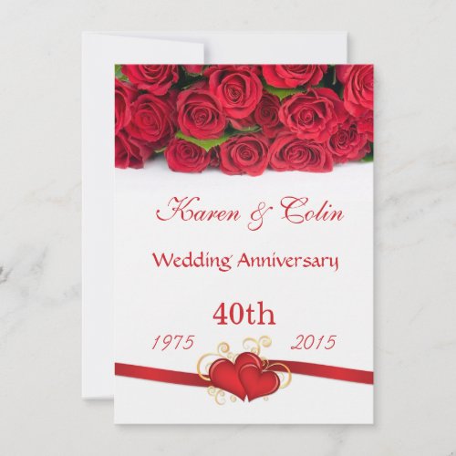 Red roses and hearts 40th Wedding Anniversary Invite