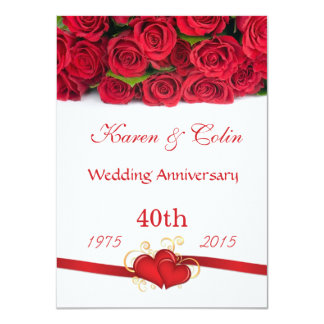 Red roses and hearts 40th Wedding Anniversary Invitation