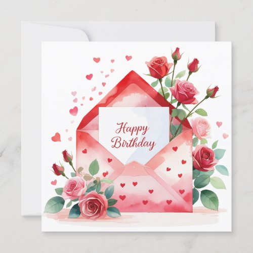 Red roses and hearts. Birthday  Holiday Card