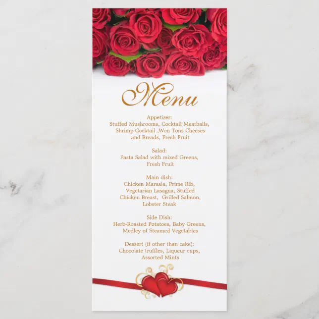 Red roses and hearts Menu Rack Card | Zazzle