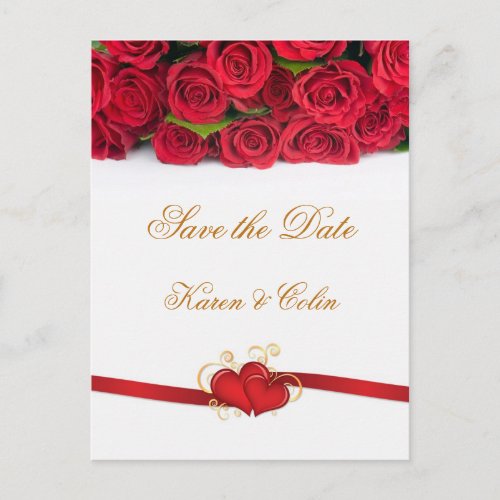 Red roses and hearts Save the Date Announcement Postcard