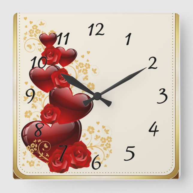Red roses and hearts square wall clock (Front)