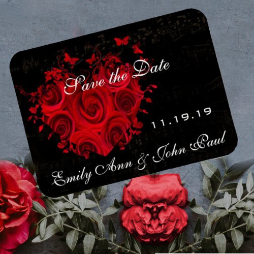 Red Roses and Hearts Swirls Wedding Save the Date Magnet