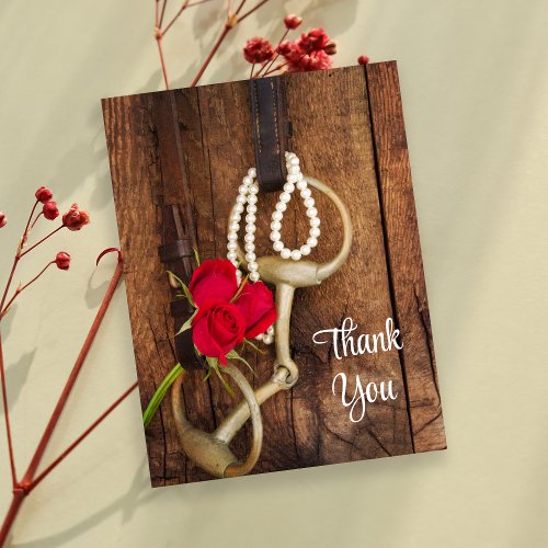 Red Roses and Horse Bit Country Wedding Thank You Postcard