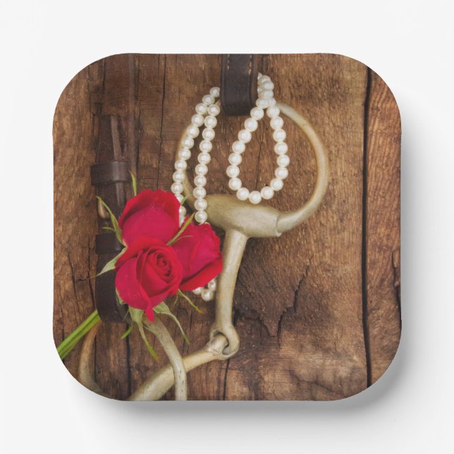 Red Roses and Horse Bit Country Western Wedding Paper Plates (Front)