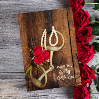 Red Roses and Horse Bit Western Wedding Thank You Card