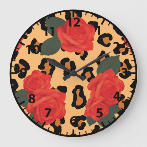 Red Roses and Leopard Print Large Clock