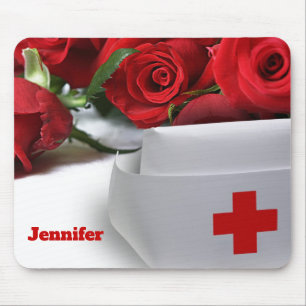 Red Roses and Nurse Cap Custom Name Gift Mouse Pad
