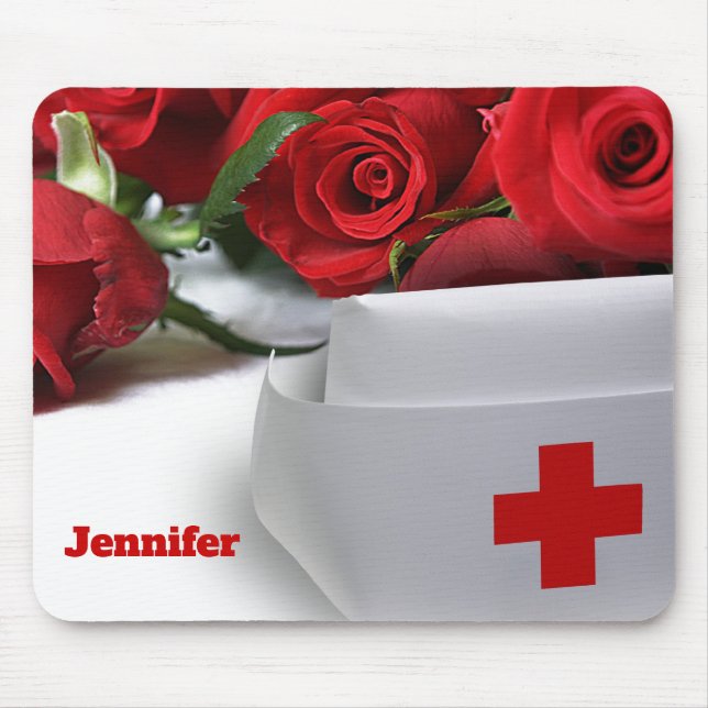 Red Roses and Nurse Cap Custom Name Gift  Mouse Pad (Front)