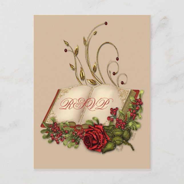 Red Roses and Open Bible Wedding RSVP Invitation Postcard (Front)