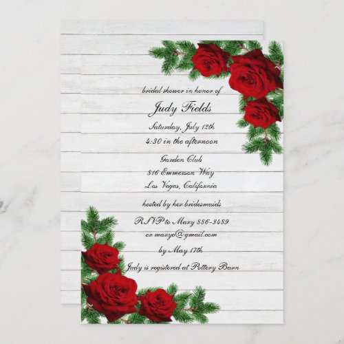 Red Roses And Pine Branch Christmas Bridal Shower Invitation
