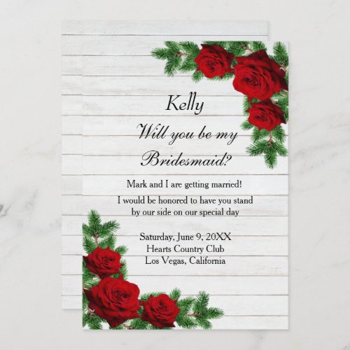 Red Roses And Pine Branch Christmas Bridesmaid Invitation