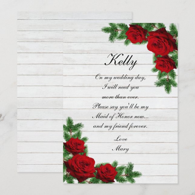 Red Roses And Pine Branch Christmas Maid Of Honor Invitation (Front/Back)