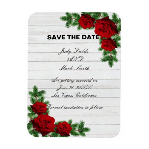 Red Roses And Pine Branch Christmas Save The Date Magnet