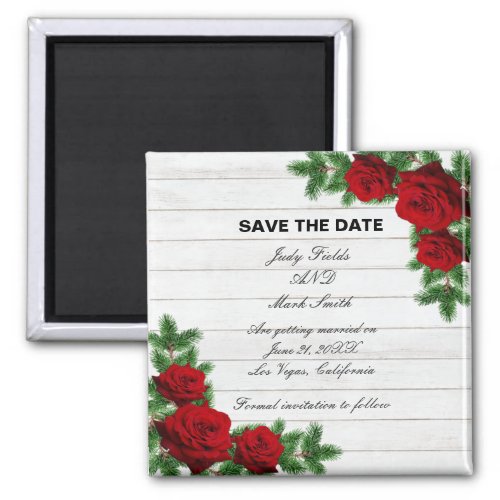 Red Roses And Pine Branch Christmas Save The Date Magnet