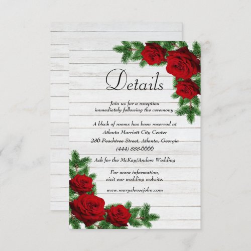 Red Roses And Pine Branch Christmas Wedding Detail Announcement
