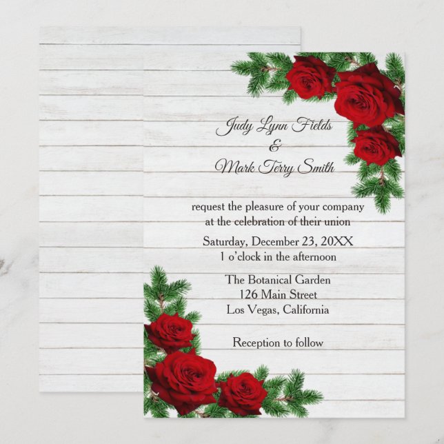 Red Roses And Pine Branch Christmas Wedding Invitation (Front/Back)