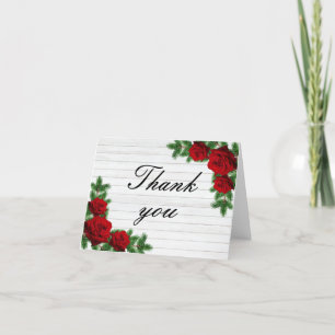 Red Roses And Pine Branch Christmas Wedding Letterpress Thank You Card