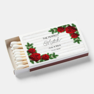 Red Roses And Pine Branch Christmas Wedding Matchboxes