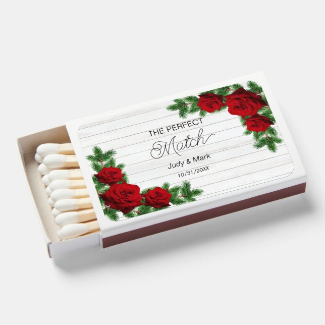 Red Roses And Pine Branch Christmas Wedding Matchboxes (Front Open)