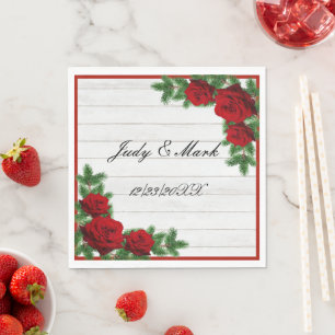 Red Roses And Pine Branch Christmas Wedding Napkins