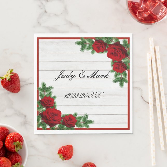 Red Roses And Pine Branch Christmas Wedding Napkins (Insitu)