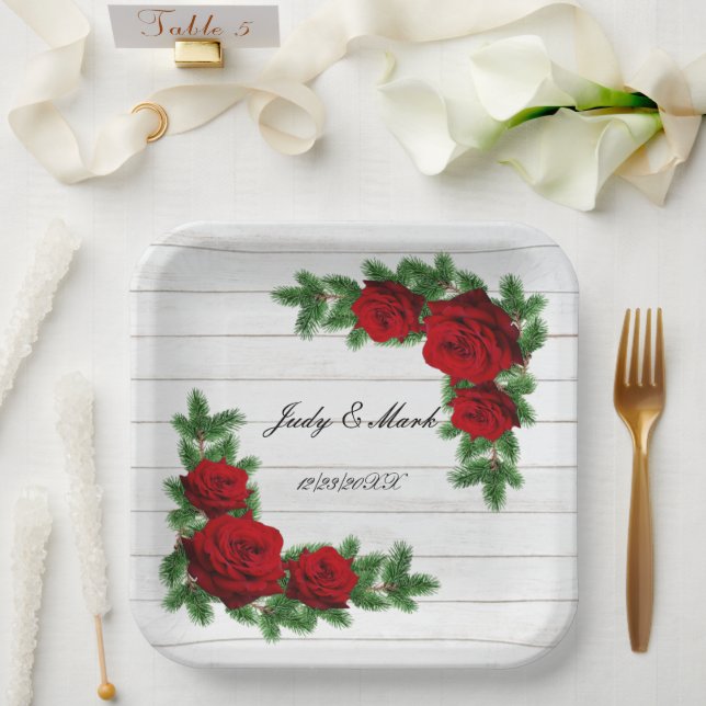 Red Roses And Pine Branch Christmas Wedding Paper Plates (Wedding)