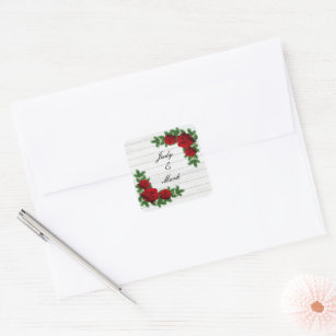 Red Roses And Pine Branch Christmas Wedding Seal