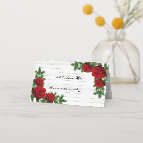 Red Roses And Pine Branch Christmas Wedding Table Place Card