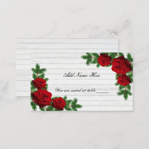 Red Roses And Pine Branch Christmas Wedding Table Place Card