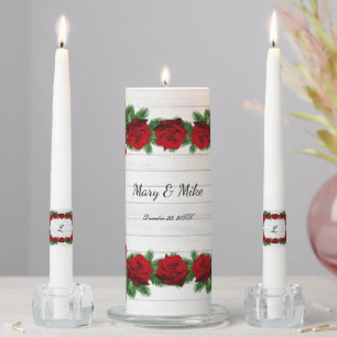 Red Roses And Pine Branch Christmas Wedding Unity Candle Set