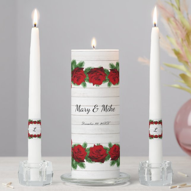 Red Roses And Pine Branch Christmas Wedding Unity Candle Set (In Situ)