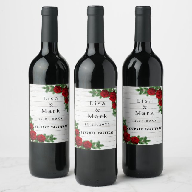 Red Roses And Pine Branch Christmas Wedding Wine Label (Bottles)