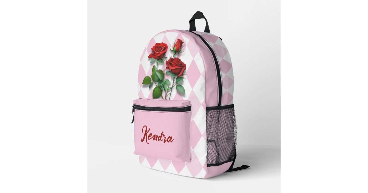 Red Roses Backpack Red Roses and Pink and White Diamond Pattern Printed Backpack | Zazzle