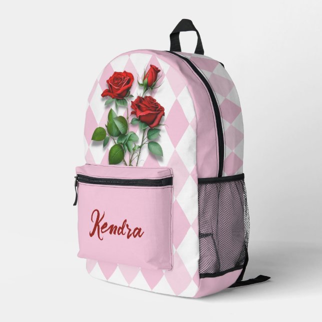 Red Roses and Pink and White Diamond Pattern Printed Backpack (Back Corner Right)