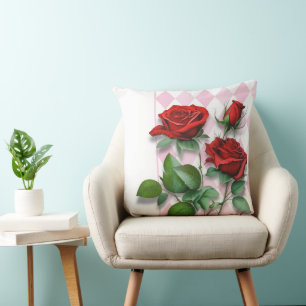 Red Roses and Pink and White Diamond Pattern Throw Pillow