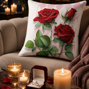 Red Roses and Pink and White Diamond Pattern Throw Pillow