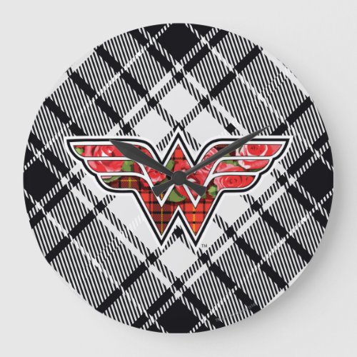 Red Roses and Plaid Wonder Woman Logo Large Clock