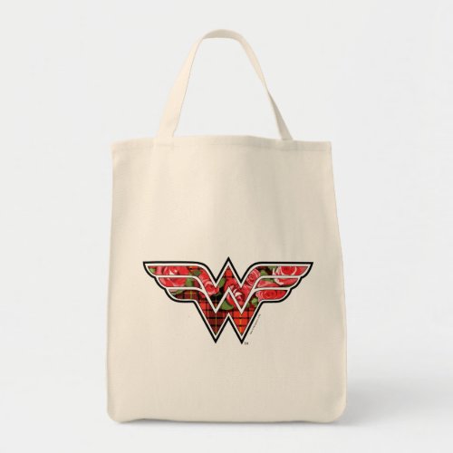 Red Roses and Plaid Wonder Woman Logo Tote Bag