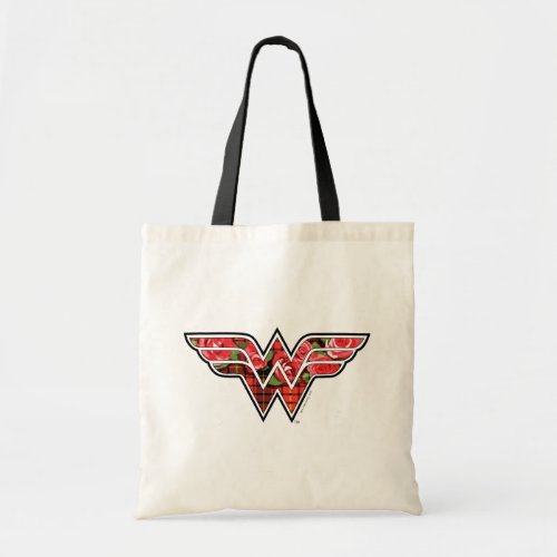 Red Roses and Plaid Wonder Woman Logo Tote Bag