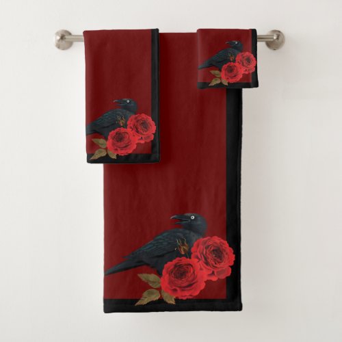 Red Roses and Raven Bath Towel Set