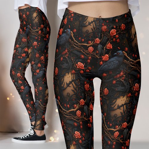 Red Roses and Ravens Gothic Alternative Floral Leggings
