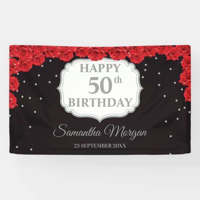 Red roses and silver sparkles 50th birthday banner (Horizontal)