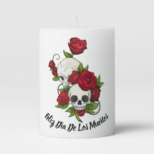 Red Roses and Skulls Happy Day of the Dead Pillar Candle